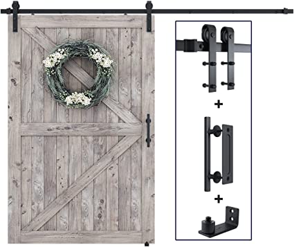 SMARTSTANDARD 9FT Sliding Barn Door Hardware Whole Kit (Include 9ft Track Kit & Pull Handle Set & Floor Guide), Smoothly and Quietly, Easy to Install, Fit 54" Wide Door Panel (J Shape)