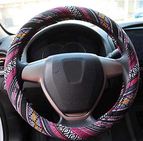 SHIAWASENA Car Steering Wheel Cover, Coarse Flax Cloth, Ethnic Style, Universal 15 Inch Fit, Anti-Slip Sweat-Absorbent (H#)