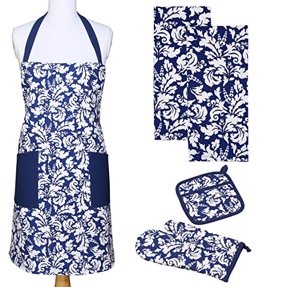 Yourtablecloth Kitchen Gift Set-1 Kitchen Apron, An Oven Mitt & A Pot Holder-2 Kitchen Dish Towels or Tea Towels-Ideal Cooking Gifts or Gift Ideas for Chefs-Suitable for Men & Women-Nautical Blue