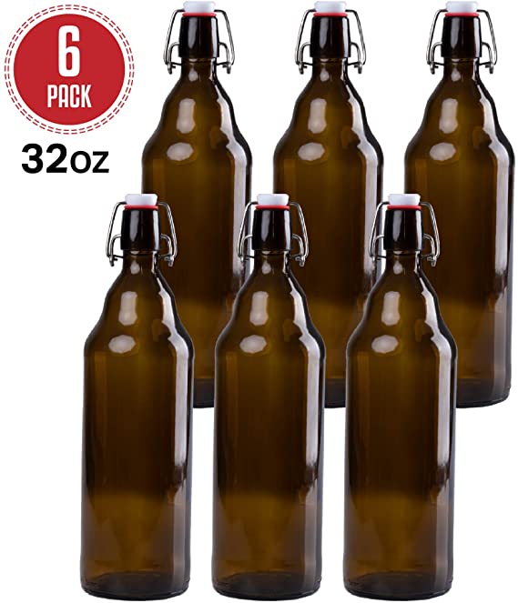 32 oz Amber Glass Beer Bottles for Home Brewing - 6 Pack with Airtight Rubber Seal Flip Caps