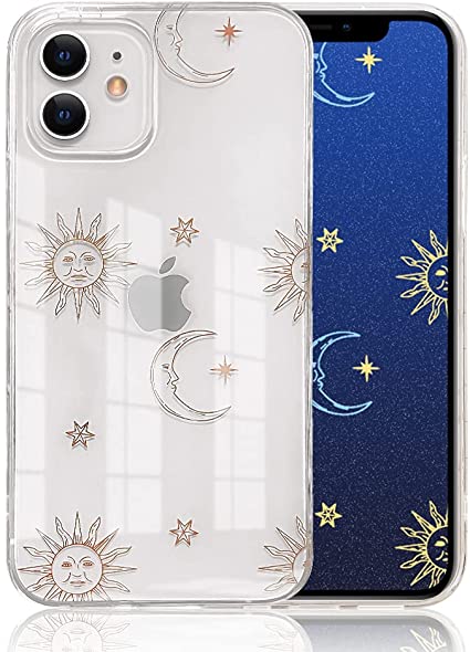 Ownest Compatible with iPhone 12/12 Pro Case with Rose Gold Sun Moon Pattern for Women Girls Glitter Clear Soft Flexible Durable Slim TPU Cases for iPhone 12/12 Pro-Sun Moon