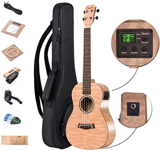 Left Handed - Caramel CB602L All Quilted Maple Baritone Acoustic & Electric Ukulele with Truss Rod,D-G-B-E Strings & free G-C-E-A strings, Padded Gig Bag, Strap and EQ cable