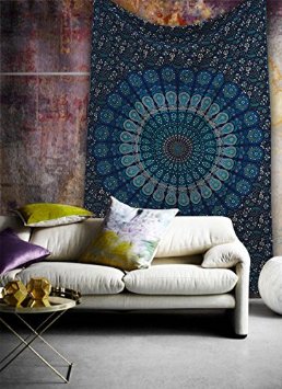 Popular Handicrafts Mandala Bohemian Psychedelic Intricate Floral Design Indian Bedspread Tapestry 54x84 Inches,(140cmsx215cms) Blue