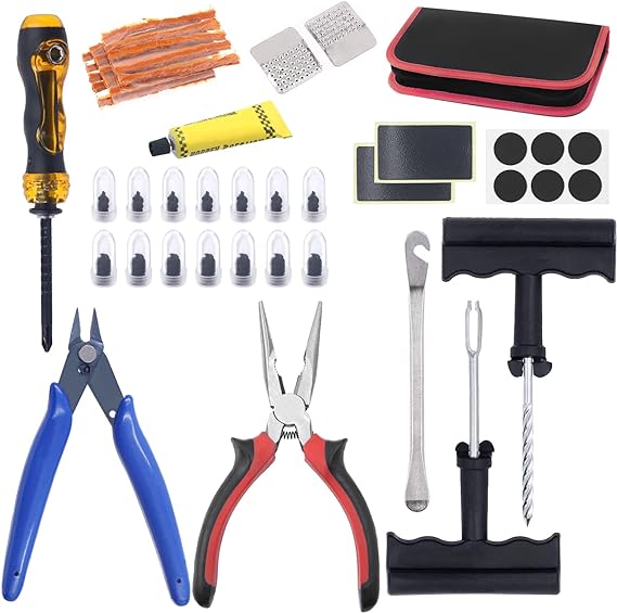 Hilitchi 56Pcs Tire Repair Tool Kit, Heavy Duty Tire Patch Kit, Bike Tire Replacement Tool, Flat Tire Puncture Repair Tool, including T-handle Insert Tool, Tire Repair Patches, Vacuum Tyre Repair Nail