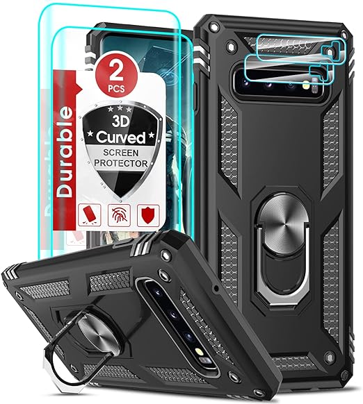 LeYi for Samsung Galaxy S10 Case [Not Fit S10 Plus], Samsung S 10 Case with [2 PCS] 3D Curved Screen Protector and Camera Lens Protector, Military-Grade Phone Case with Ring Stand for S10, Black