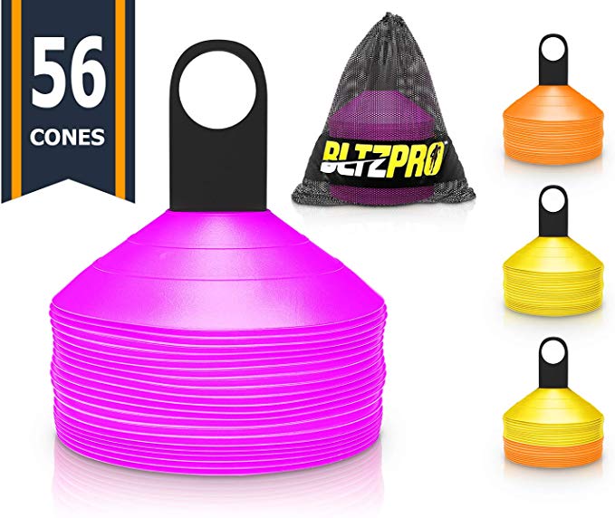 Bltzpro Training Cones(Set of 56)- Soccer/Football Cones for Training Kids with Stack Holder and Carrying Bag. Ideal for Speed Practice & Agility Workout, Exercises for All Athletics Needs.