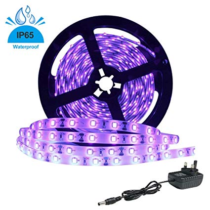 LightingWill 24W UV Black Light LED Strip, Ultraviolet Waterproof IP65 16.4FT/5M 3528 300LEDs 395nm-405nm Blacklight DJ Bar Club Party Decor Night Fishing Sterilization with 12V 2A Power Supply