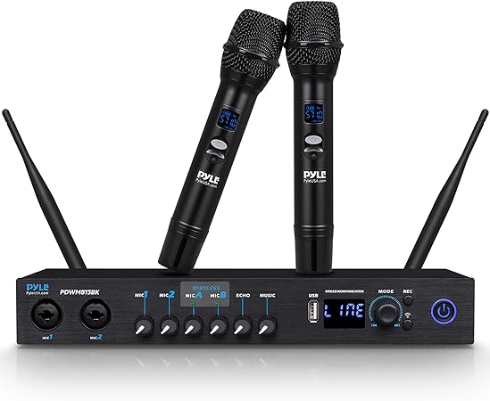 Pyle UHF Wireless Microphone System - Portable Digital Audio Sound Mixer Receiver w/Bluetooth, 2 Handheld Mic, Receiver Base, Addressable Frequency, Great for Home Karaoke & Professional Use, Black