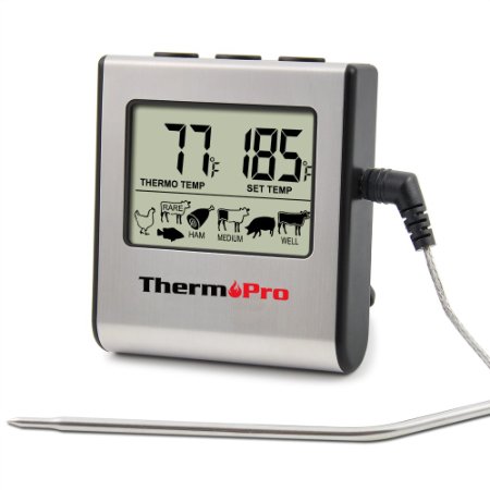 ThermoPro TP16 Large LCD Digital Cooking Kitchen Food Meat Thermometer for BBQ Grill Oven Smoker Built-in Clock Timer with Stainless Steel Probe