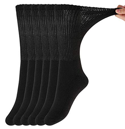 MD Diabetic Socks Mens and Womens Half Cushion Circulatory Crew Socks for All Seasons Loose Fit 6 Pack 9-11 Black