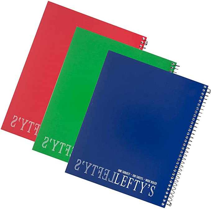 3 Left-Handed Wide Ruled Notebooks With Mirrored Lefty, Assorted Colors