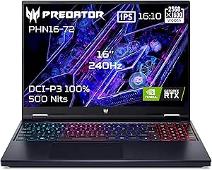 Acer Predator Helios 16 PHN16-72-94FH, Ordinateur Portable Gaming 16" WQXGA IPS 240Hz, PC Portable Gamer (Intel Core i9-14900HX, RAM 32Go, 1024 Go SSD, NVIDIA GeForce RTX 4070, Windows 11) - Noir