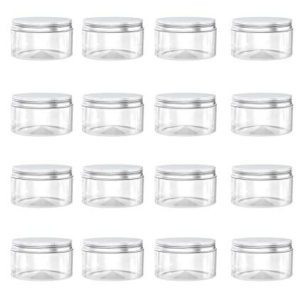 HNXAZG 1 Ounce Plastic Jars with Aluminum Lid Leak Proof Clear Containers Jars for Store Liquid, Cosmetic, Cream, 16 Pcs