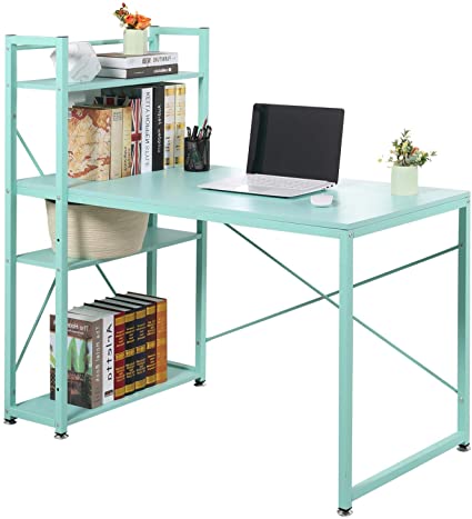 VECELO Computer Desk with Shelves 47 Inch Multipurpose Corner Study Writing Table with Storage Bookshelf for Home and Office, 47.2 L X 25.6 W X 47.2 H inches, Blue