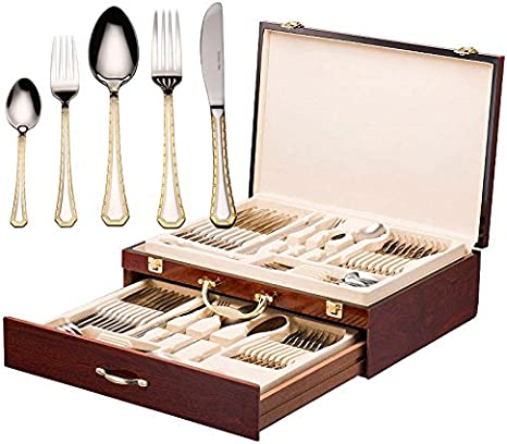 Italian Collection 'Damascus' 75-Pc Premium Silverware Flatware Serving Set, Dining Cutlery Service for 12, 24K Gold Plated 18/10 Stainless Steel Hostess Serving Set in a Chest