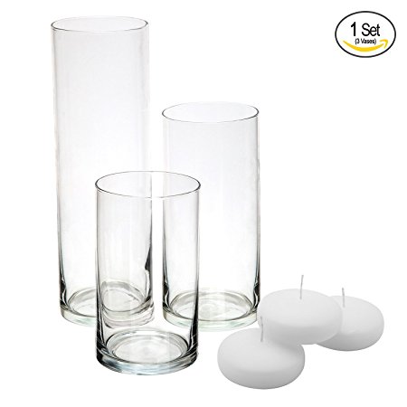 Royal Imports Glass Cylinder Vases - SET OF 3 - Including 3 FLOATING DISC CANDLES, Decorative Centerpieces For Home or Wedding by