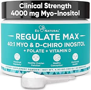 Eu Natural Regulate MAX Myo-Inositol & D-Chiro Inositol Supplement Powder for Women with Vitamin D & Folate PCOS Nutritional Support, Hormone Balance & Fertility Support, Unflavored 60 Servings