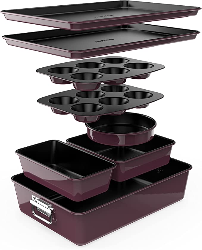 8-Piece Nonstick Stackable Bakeware Set - PFOA, PFOS, PTFE Free Baking Tray Set w/ Non-Stick Coating, 450°F Oven Safe, Round Cake, Loaf, Muffin, Wide/Square Pans, Cookie Sheet (Plum)