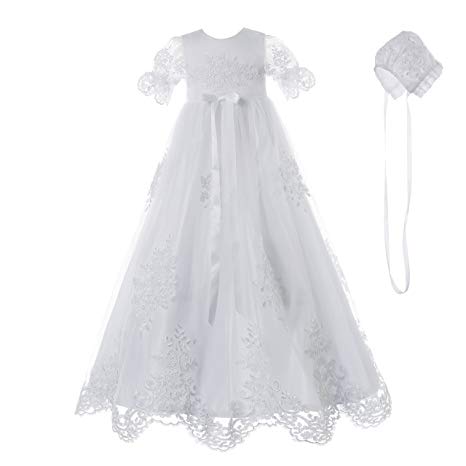 NIMBLE Baby Girls Baptism Delicate Embroideried Gown with Bonnet for 0-15 Months