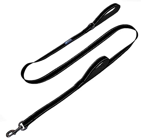 Heavy Duty Double Handle Traffic Dog Leash Reflective Nylon 6 Foot - We Donate a Leash to a Dog Rescue for Every Leash Sold (Black)