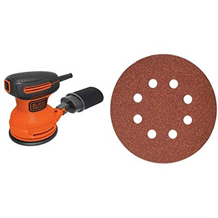 BLACK DECKER BDERO100 Random Orbit Sander, 5-Inch with PORTER-CABLE 735800825 5-Inch 8-Hole Hook and Loop 80 Grit Sanding Discs (25-Pack)