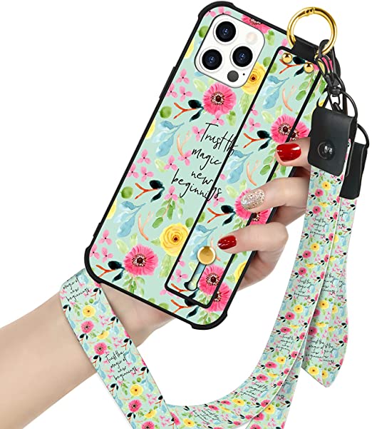 iPhone 12 Pro Max Phone Case Wrist Strap Kickstand Flowers Word Design with Lanyard for Women Girls,Anti-Slip Design Shock Absorb Protective Case for iPhone 12 Pro Max 6.7 Inch 2020