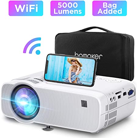 Wi-Fi Mini Projector, BOMAKER Portable Projector, 5000 Lux, 1080P Supported, 300'' Display, Wireless Smartphone Screen Mirroring and Miracast, for Android/iOS/Laptops/PCs/Windows 10/HDMI/USB/DVD, For Outdoor Theater