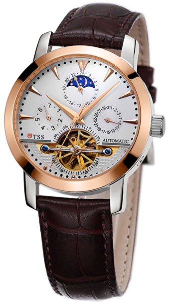 TSS Men's T8030PM1 Automatic Skeleton Moonphase Watch with Leather Band
