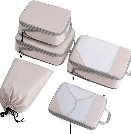 Meowoo 5 Set Compression Packing Cubes TPU Waterproof Travel Organizer, Packing Cubes compressible for Carry-on Luggage with 2 Sizes Waterproof Expandable Packing Cube, Underwear Cube, Cable Organizer
