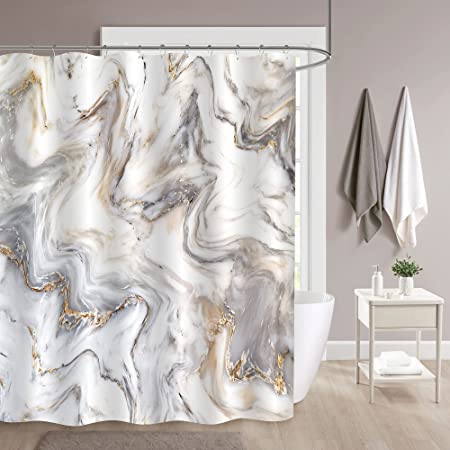 MitoVilla Gray Marble Shower Curtain Set with Hooks, Abstract Grey Gold White Striped Marble Bathroom Decor for Men and Women, Waterproof Washable Fabric Art Decor Shower Curtain, 72" x 72"
