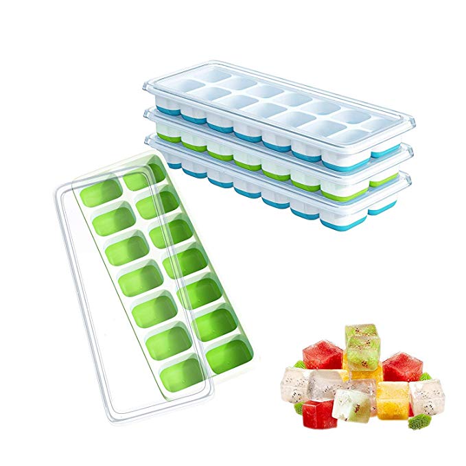 Ouddy 4 Pack Ice Cube Trays with Lid, Silicone Ice Cube Molds, 14-Ice Trays Can Make 56 Ice Cubes, Stackable Durable (Blue & Green)