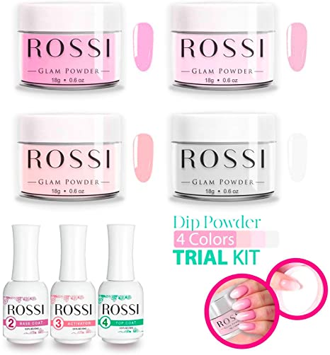 ROSSI Dipping Powder Nails Kit 4 Color | 0.6 oz/jar | Easy to Apply |, Dip Powder Essential Starter Kit, No UV Lamp, Nail Art Set with Base Coat, Activator, Top Coat