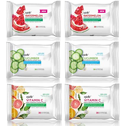 Epielle New Make-Up Remover Pre-moistened Cloths Cleansing Tissues Cleanse Away Dirt, Oil, Makeup, and Waterproof Mascara, 30 Count 6 Pack (Watermelon, Cucumber, Vitamin C)