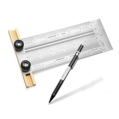 POWERTEC 80027 6 Inch Precision Marking T Rule with Mechanical Pencil, Stainless Steel Woodworking T Square Ruler for Marking, Measuring, Scribing Tool