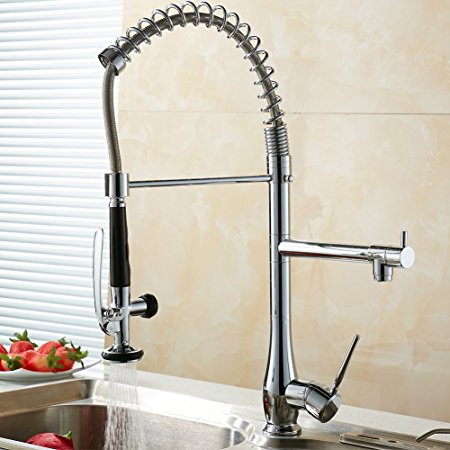 FLG Spring Single Handle Pull Down Kitchen Sink Faucet with Sprayer, Commercial Pre Rinse Faucet, Chrome