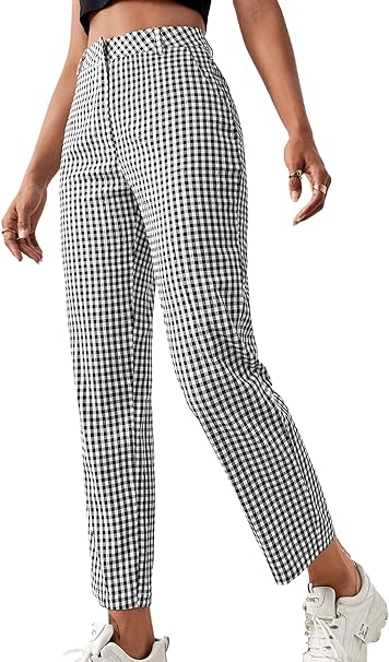 Milumia Women's Casual Plaid Elastic High Waisted Straight Leg Pants Long Trousers