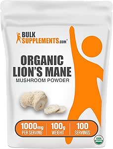 BulkSupplements.com Organic Lions Mane Mushroom Powder - Lions Mane Supplement Powder, Lion's Mane Powder - Organic & Gluten Free, 1000mg per Serving, 100g (3.5 oz) (Pack of 1)