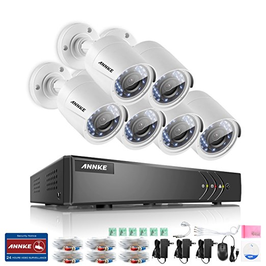 ANNKE 8-Channel 720P Security Camera System 1080N Digital Video Recorder and (6) 1280TVL Outdoor Fixed Weatherproof Cameras, HDMI Output, QR Code Scan to Remote View-NO HDD