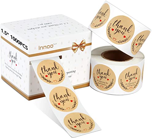 Innoo Tech 1.5" Thank You Stickers Roll 1000pcs, Thank You for Supporting My Small Business Stickers, Thank You Kraft Paper Labels for Saying Thanks by Packing & Decorating
