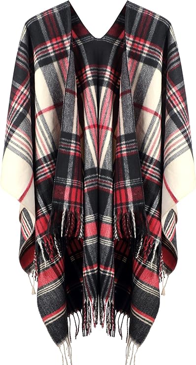 SATINIOR Woven Knit Buffalo Plaid Poncho Blanket Sweater Poncho Ruana Wrap Shawl Warm for Women