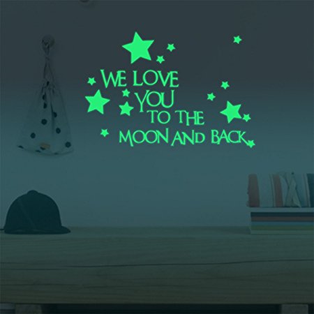 Homics Nursery Wall Decals Luminous Words Sticker At Night - WE LOVE YOU TO THE MOON AND BACK - Words Glow In The Dark with Stars Around