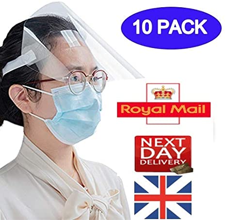 Pack of 10 Full Face Visor PPE shield protection Covering Transparent Reusable for multi purpose