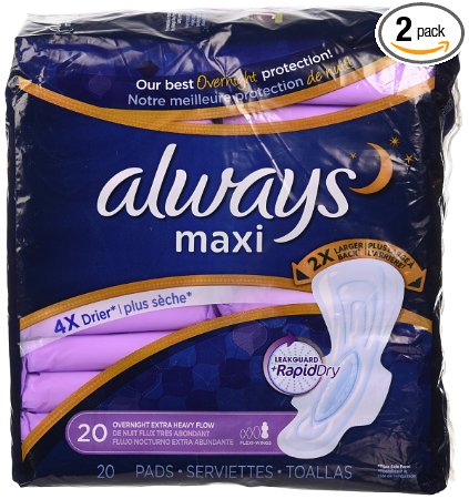 Always Maxi Overnight Extra Heavy Flow With Wings, Unscented Pads 20 Count (Pack of 2)