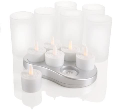 Mr. Light Complete Set of 6 Restaurant Quality Rechargeable Tealights/Flickering Amber LEDs with 6 Frosted Glass Holders and Recharge Base
