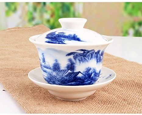 Sado China Traditional Blue and White Porcelain Large Gaiwan Kungfu Teacup/teapot/ Coffee Cup with Lid and Saucer (180ml)