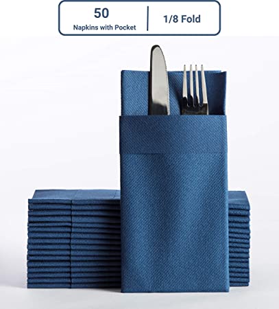 Navy Dinner Napkins Cloth Like with Built-in Flatware Pocket, Linen-Feel Absorbent Disposable Paper Hand Napkins for Kitchen, Bathroom, Parties, Weddings, Dinners or Events, 16x16 inches, Pack of 50