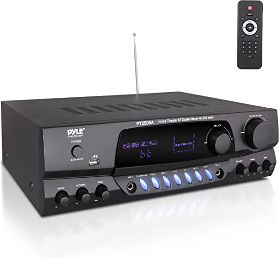 Pyle Wireless Bluetooth Power Amplifier System, 200 Watt Max, Home Theater Audio Stereo Receiver Box with FM/USB, Mic in, RCA Inputs, Echo & 2-Band EQ Control, Digital Display Screen - PT250BA