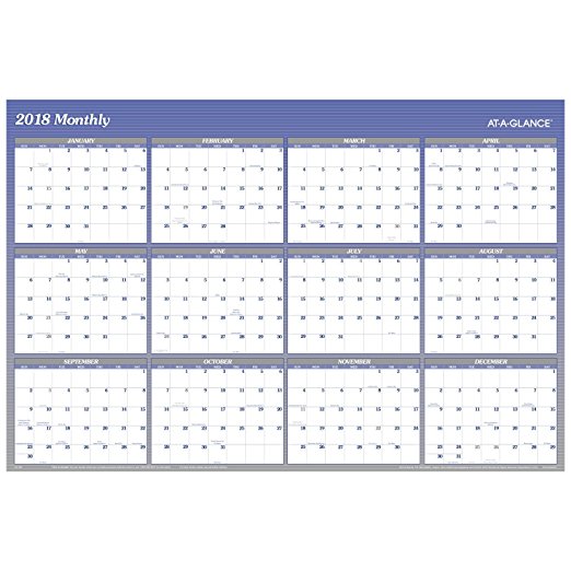 AT-A-GLANCE Yearly Wall Planner, January 2018 - December 2018, 48" x 32", Vertical, Horizontal, Erasable, Reversible, Blue (A1152)