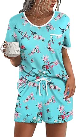 Ekouaer Pajama Set for Women 2 Piece Lounge Set Short Sleeve Tops and Shorts Soft Sleepwear, Chest Pocket