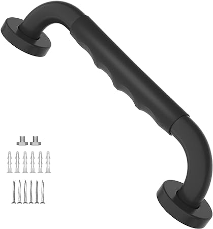 12 Inch Black Shower Grab Bar w/Anti Slip Rubber Grip, ZUEXT Stainless Steel Bath Grab Bar, Bathroom Balance Bar, Wall Mount Safety Handrail Support, Handicap Injury Elderly Senior Assist Handle